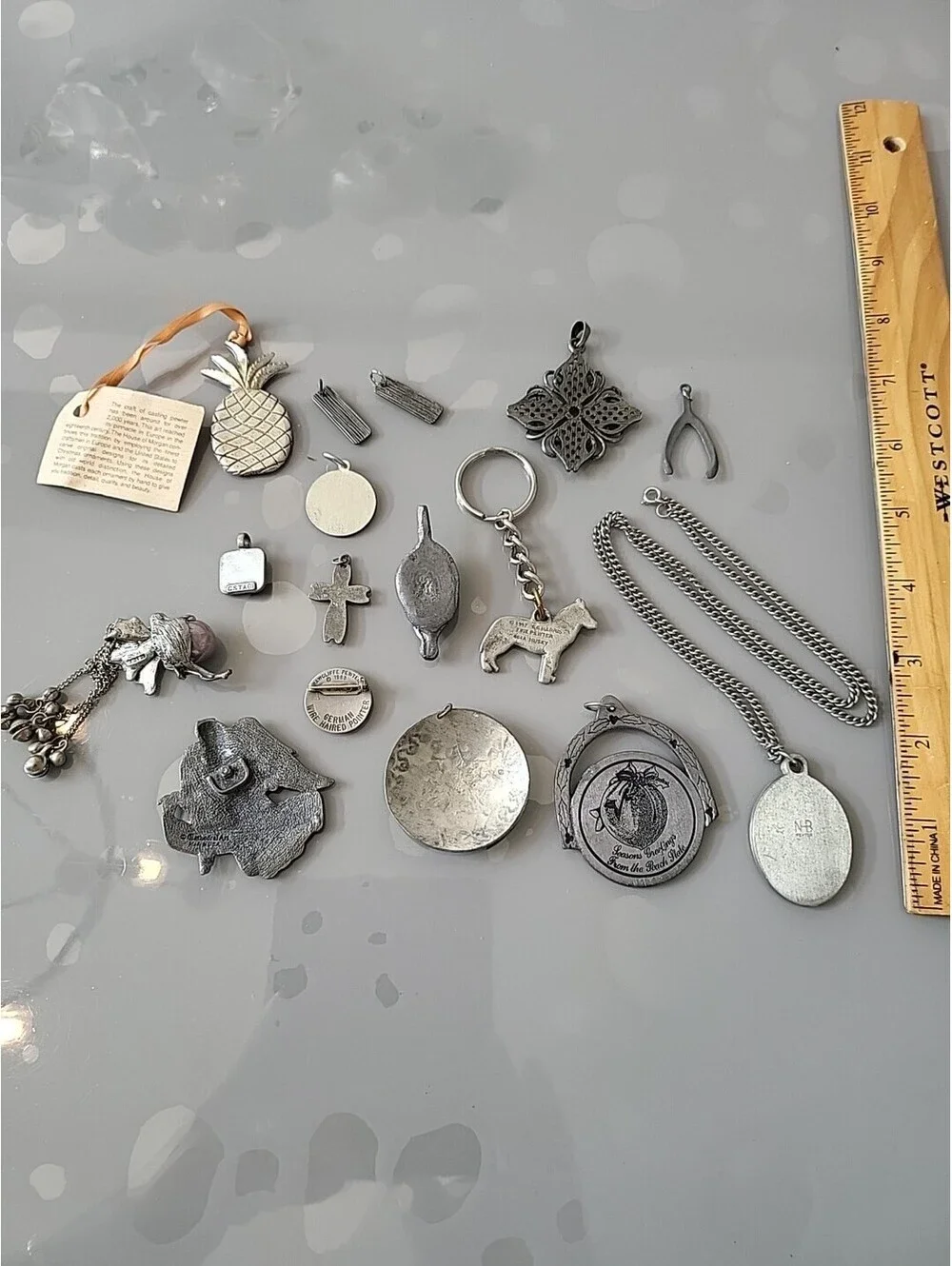Vintage Signed Pewter Pcs Lot Of Charms Keychain Pin Chain See Up Close Pics